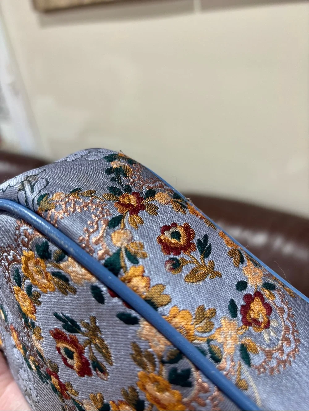 Tory Burch Blue Floral Embroidered Shoulder Bag with Gold Colored Hardware
